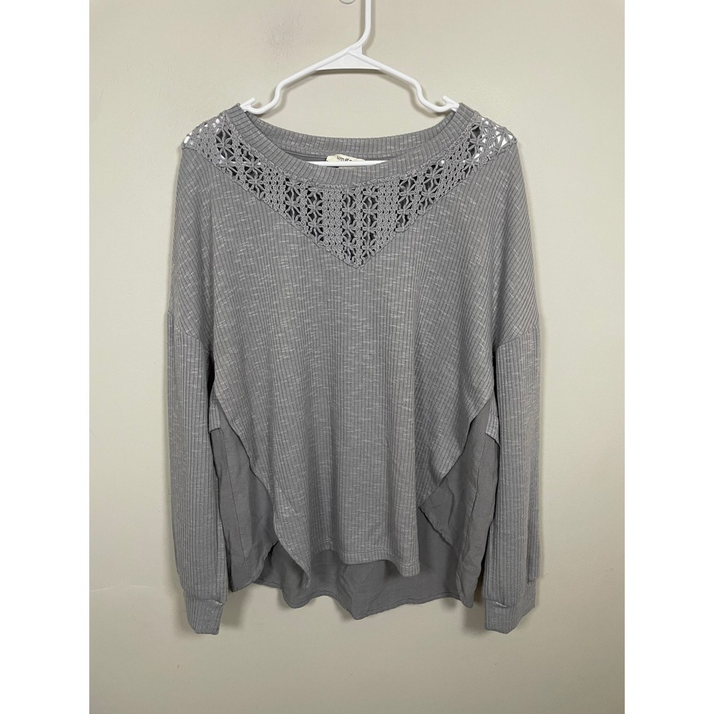 Umgee Gray Crochet Long Sleeve Pullover Size Large‎ Bohemian Casual Effortless